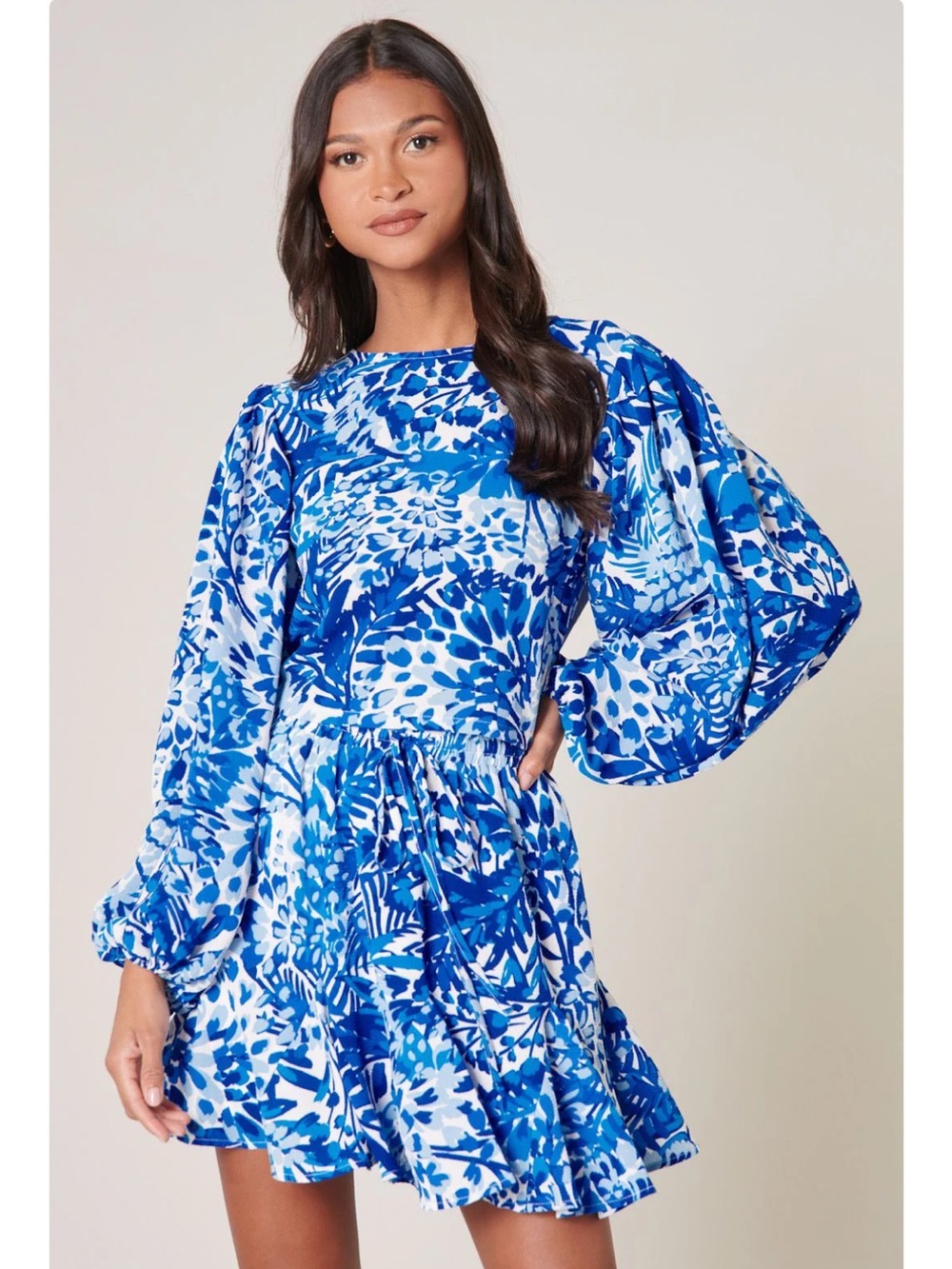 Sugarlips Blue & White Printed Puff-Sleeve Mini Dress